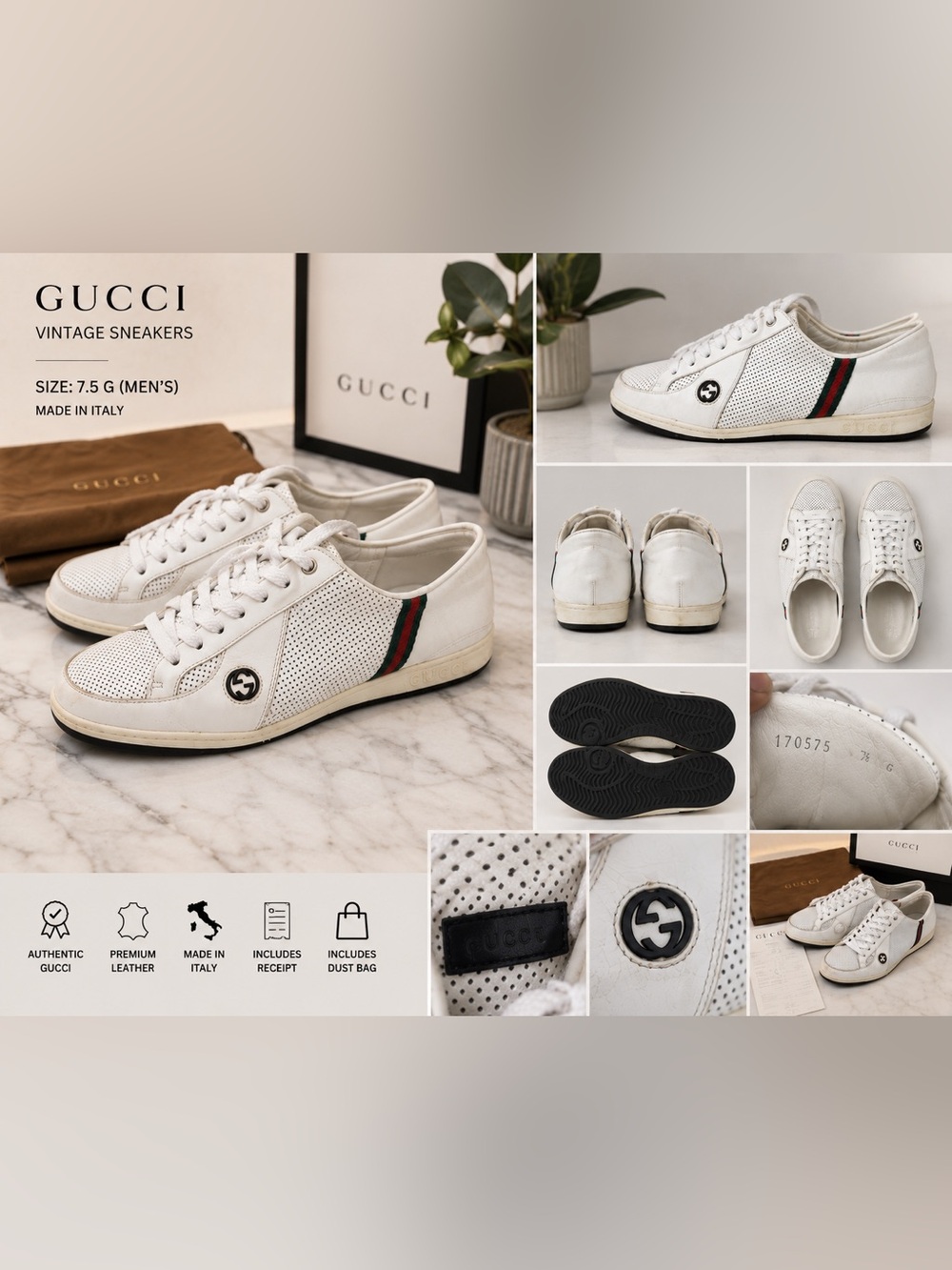 Vintage Gucci Perforated Leather Web Stripe Sneakers White Men's 7.5G US 8–8.5